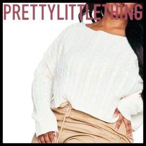 PrettyLittleThing Off White Cable Knit Oversized Boxy Cropped Sweater (L)